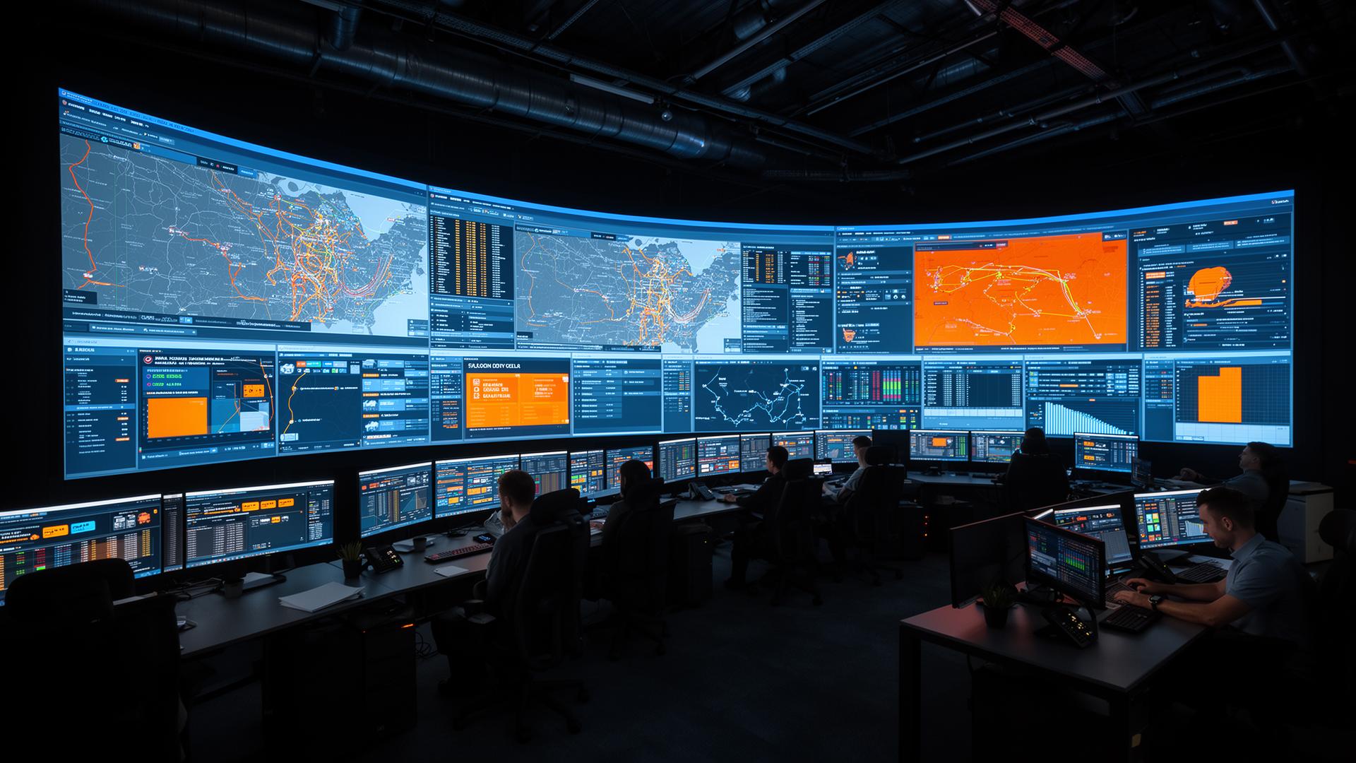 Centro de controle operacional da Race com painéis de monitoramento de frota